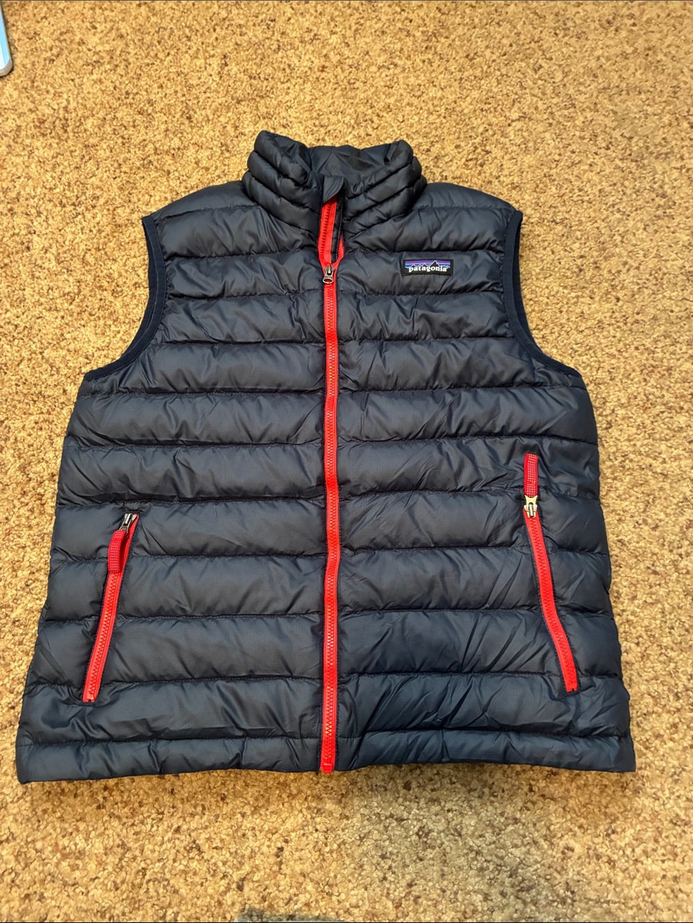 Patagonia 12 youth Navy Puffer Vest with Red Zipper Accents